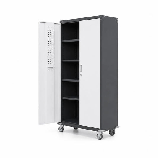 Rollbarer Stahlschrank mit Schlössern und Rädern Grau/Weiß 180x80x40cm