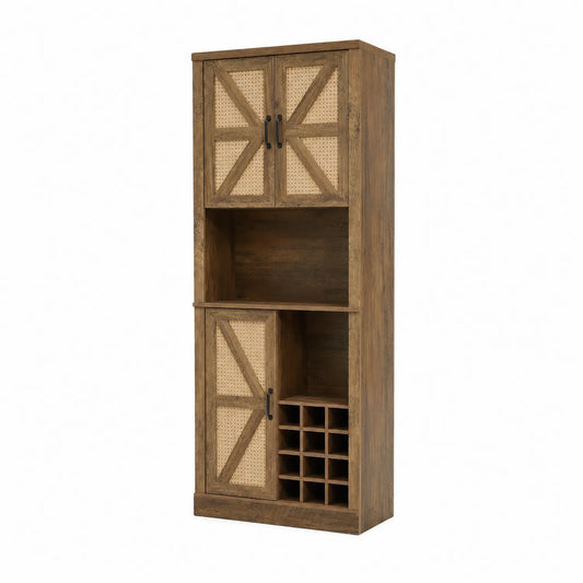 Holz Weinregal mit Rattantüren, Braun, 180x60x30 cm