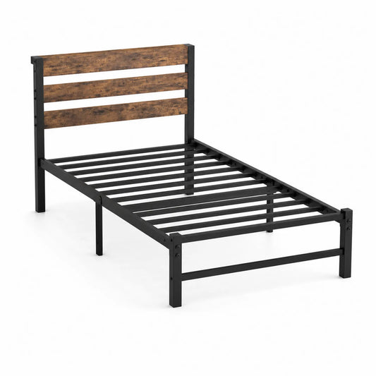 Einzelbett mit Metallrahmen und Kopfteil in Holzoptik 200x90 cm