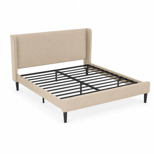 Polsterbett aus Stoff Beige 140x200 cm mit Metallrahmen und Holzbeinen