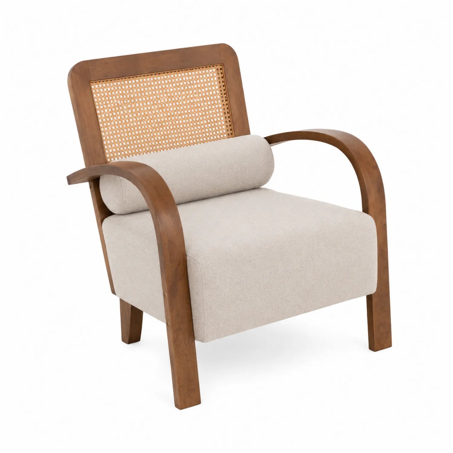 Holzstuhl mit Leinenbezug und Rattan Rücken Beige